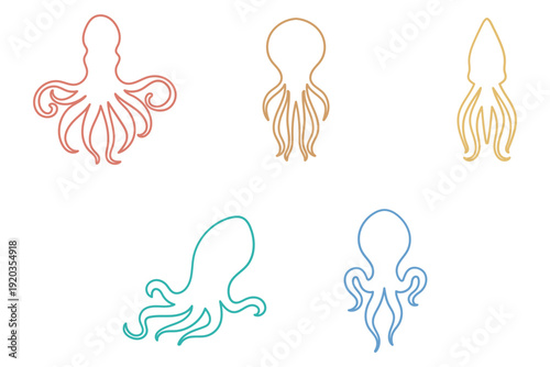 Collection of Octopus and Squid Outline Illustration