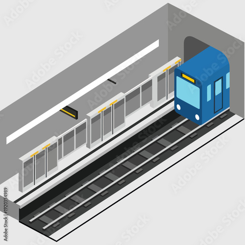 Blue Train at Station Platform Isometric View.