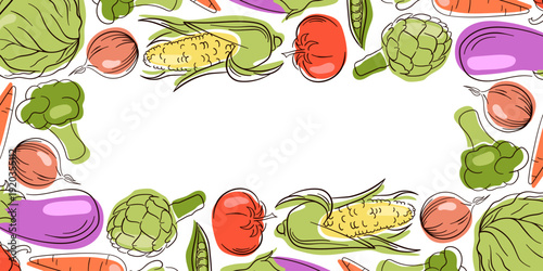 Border with flat style vegetable, cabbage, corn, tomato and eggplant. Colorful illustration background for menu, packaging, textile and healthy food design.