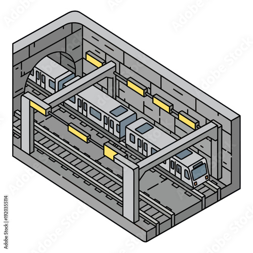 Underground Subway Station with Trains and Tracks.