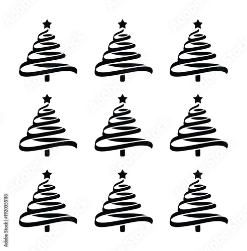 Nine stylized vector christmas trees arranged in a grid with bold black lines and star toppers