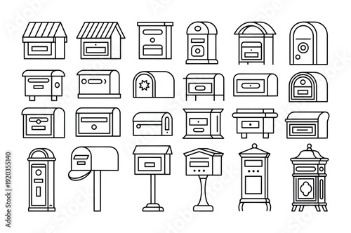 Variety of vector mailboxes and post boxes are displayed in a clean vector layout