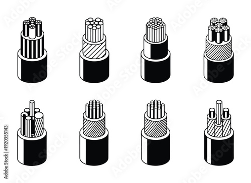 Vector showcasing various types of electrical cables in cross-sectional view
