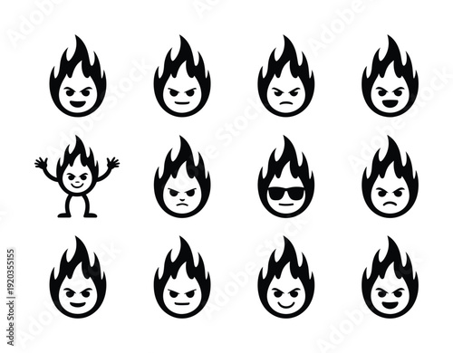 Set of twelve vector flame icons featuring a variety of expressive faces in design