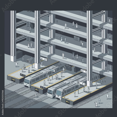 Isometric View of Modern Train Station.