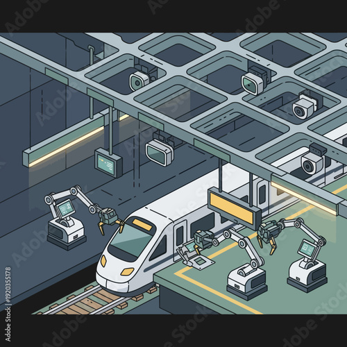 Robots Assembling Train in Industrial Facility.