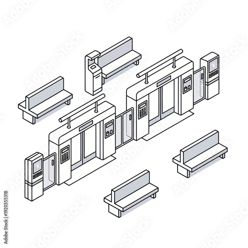 Public Transport Station with Benches and Ticket Machines.