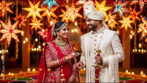 Indian couple in traditional attire showing a colorful diya for Diwali celebration or wedding ceremony