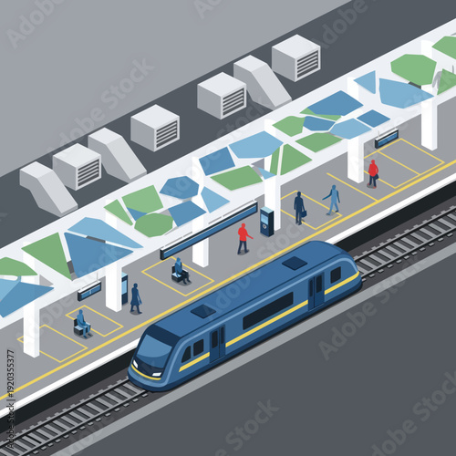 Modern Train Station with Blue Train.