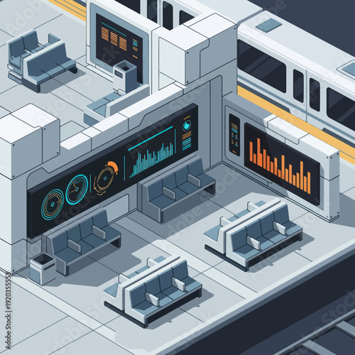 Futuristic Control Room with Data Visualization.