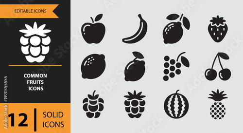 Solid common fruits icons for organic markets and food branding