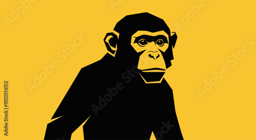 Stylized Chimpanzee Portrait on Yellow Background, Minimalist Animal Art
