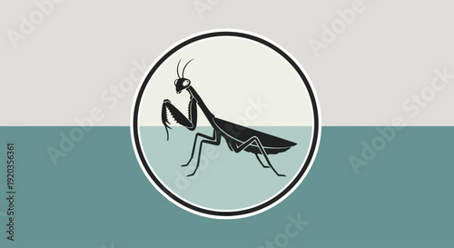 Stylized Praying Mantis Silhouette in Circle with Split Background