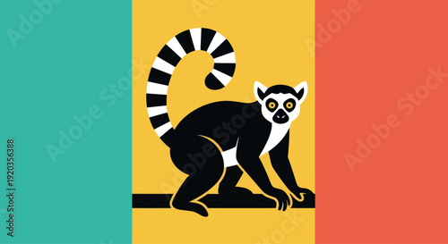Stylized Ring-Tailed Lemur Illustration on Yellow and Teal Background