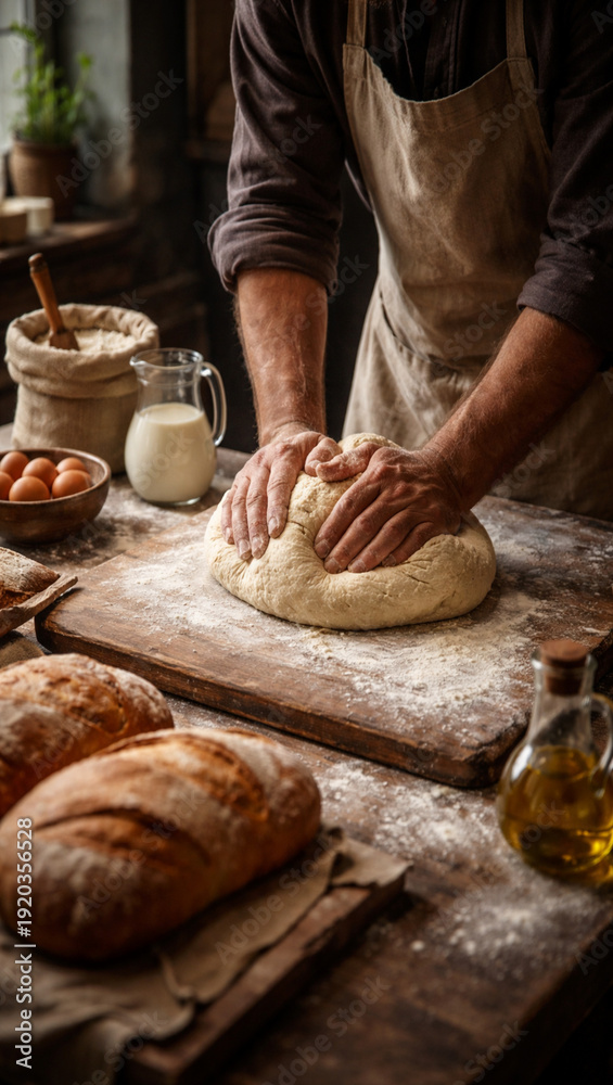Fototapeta premium Baker kneading dough