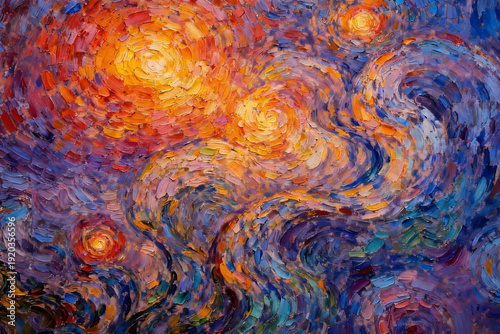 Abstract impressionist oil painting featuring rich texture and bold, expressive brush strokes. The dynamic composition showcases swirling warm light in vibrant orange and yellow tones contrasted again