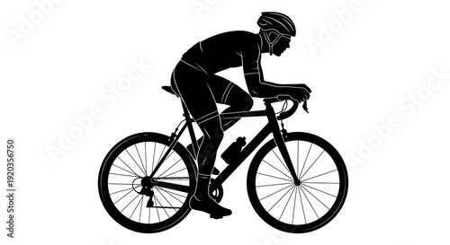 Silhouette of a cyclist riding a road bike depicted in a minimalist black and white style