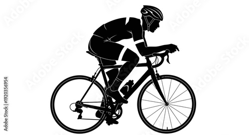 Silhouette of a cyclist riding a road bike depicted in a stark black and white style
