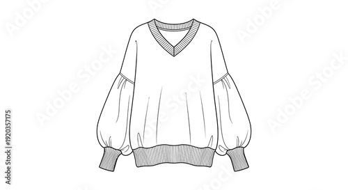 Fashion technical illustration of a v neck oversized sweater with voluminous balloon sleeves high quality professional detailed