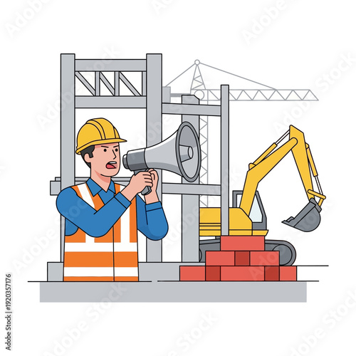 Construction worker with megaphone giving instructions on a building site with excavator and crane