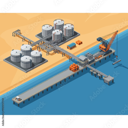 Industrial oil storage facility with dock and crane.
