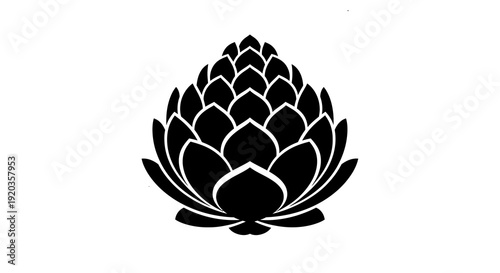 A striking black silhouette depicts an artichoke showcasing its layered petals and botanical form high quality