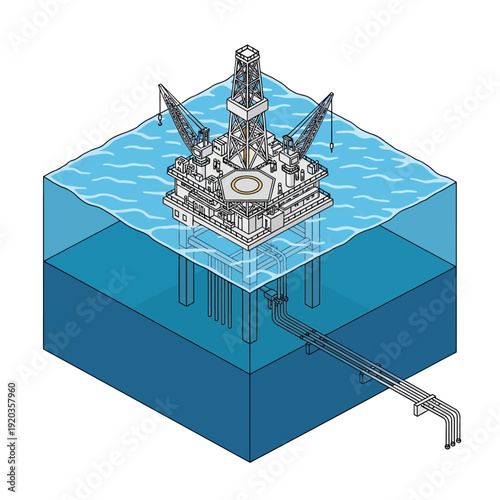 Offshore oil rig platform in the ocean with underwater pipeline.