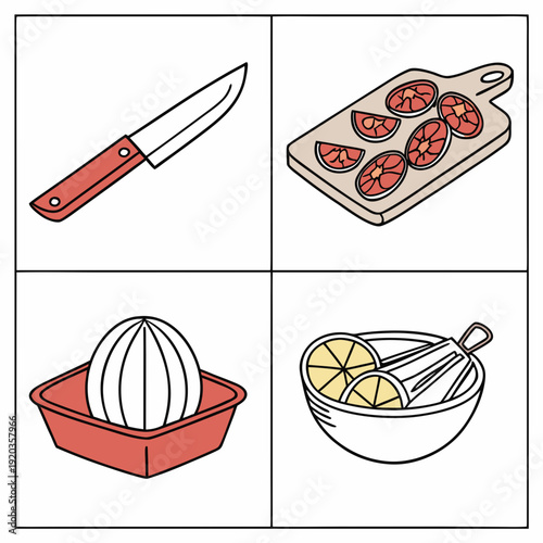 Kitchen Prep Icons: Knife, Board, Squeezer