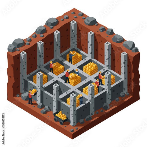 Underground gold mine with workers and storage.