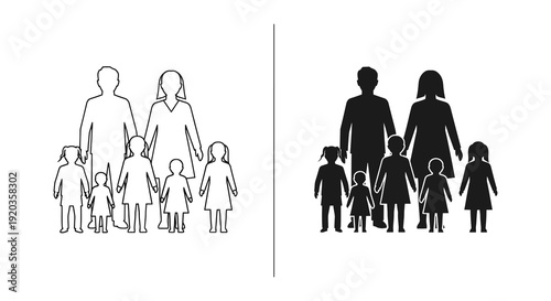 Two family silhouettes one white outline and one black fill depicting parents and children high quality