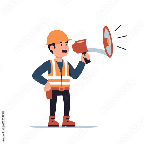 Construction worker in hard hat and vest shouting through megaphone on white background