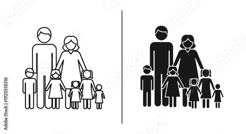 Two depictions of a family one outlined and one solid black showing parents and children