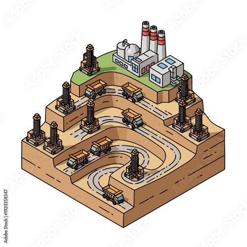 Isometric illustration of an industrial mining site with machinery and infrastructure.