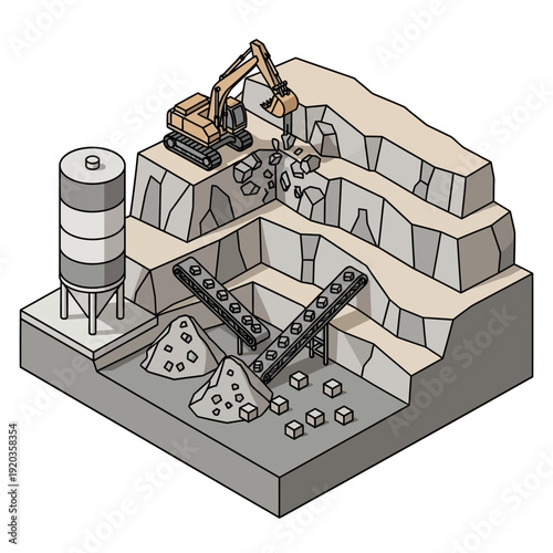 Isometric illustration of a quarry with excavator and crusher.