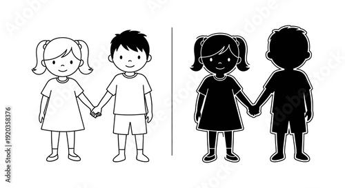 Four cartoon children two light and two dark holding hands in a simple illustration high quality