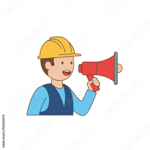 Construction worker in hard hat holding a red megaphone, announcing important information