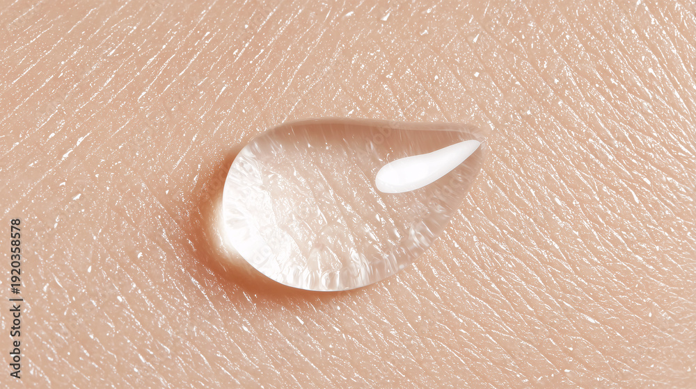 Fototapeta premium Macro closeup of a moisture droplet on skin surface, emphasizing epidermal texture and a moisturizing cosmetic effect, suitable for skincare and dermatology visuals.