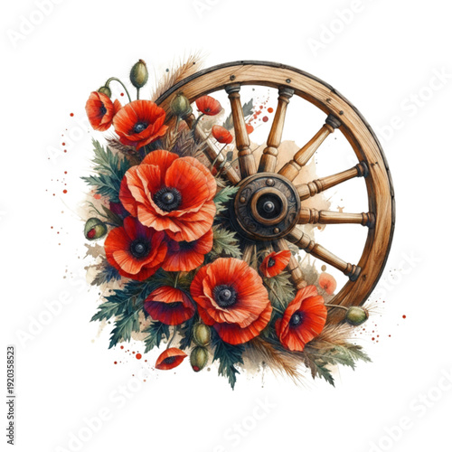 Traditional Decoration of Poppy, Wheat and Wooden Wheel.