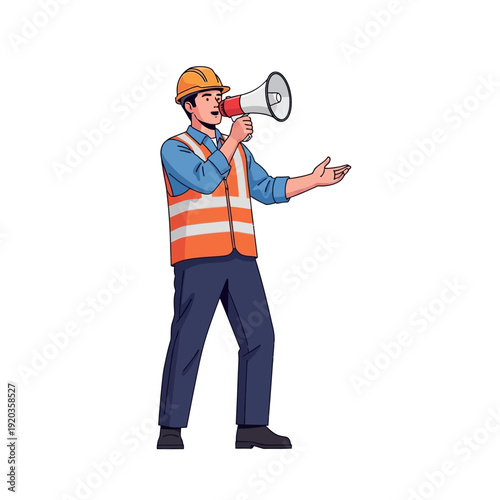 Construction worker in hard hat and vest speaking into megaphone, announcing information
