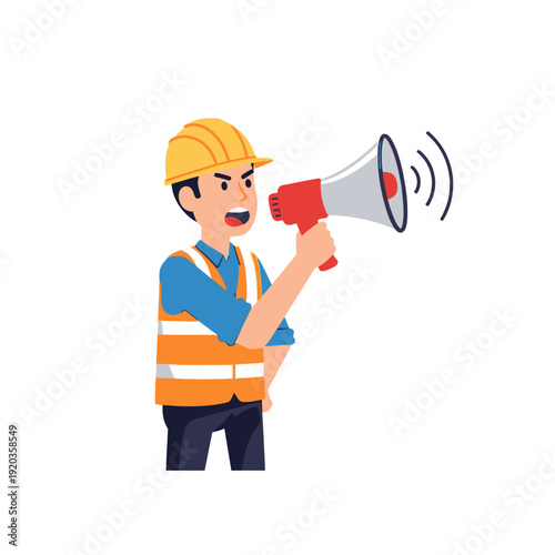 Construction worker in hard hat and vest shouting into megaphone, safety announcement