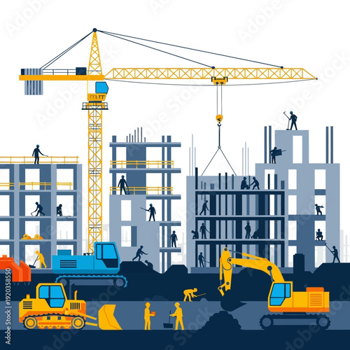 Construction site with cranes, excavators, and workers building skyscrapers