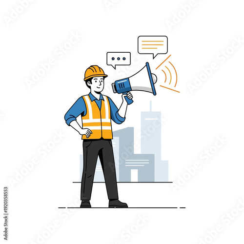 Construction worker with megaphone announcing important news in front of city buildings