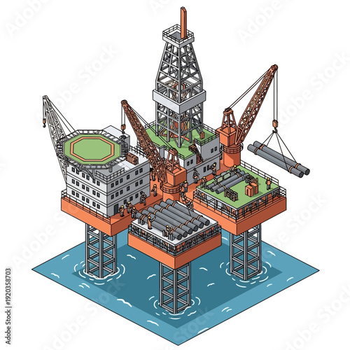 Offshore oil rig platform with cranes and helipad in the ocean.