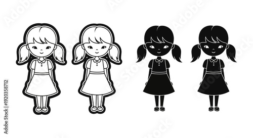 Four variations of a cartoon girl with pigtails presented in differing black and white tones