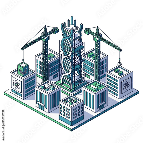 Isometric illustration of a futuristic biotechnology research facility under construction.