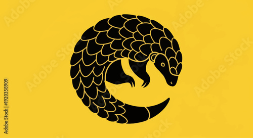 Stylized Black Pangolin Silhouette on Yellow Background