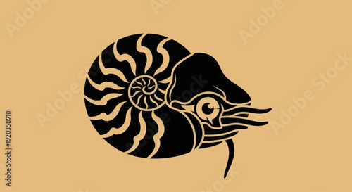 Stylized Black Nautilus Shell Silhouette with Tentacles on Tan Background