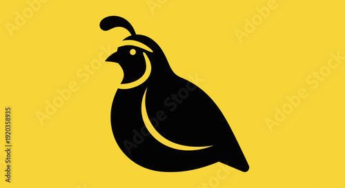Stylized Black Quail Silhouette on Yellow Background, Minimalist Bird Icon