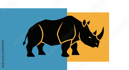Stylized Black Rhinoceros Silhouette on Blue and Yellow Background