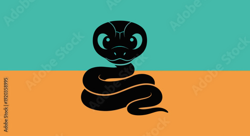 Stylized Black Snake Illustration on Teal and Orange Background